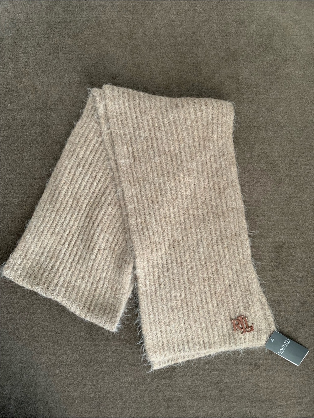 Lauren Ralph Lauren Women's Ribbed Scarf Wool/Nylon Blend Brown/Neutral RL Logo